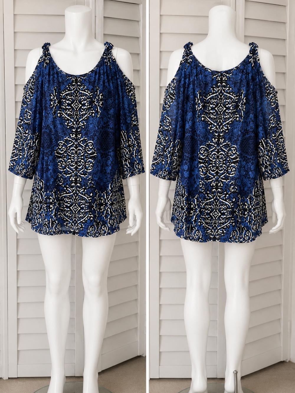 INC International Concepts Royal Blue Black White Patterned Cold-Shoulder Top